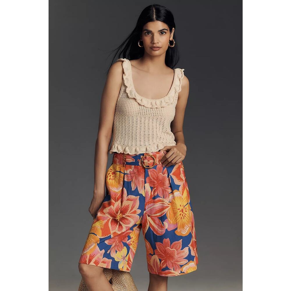 NWT Farm Rio x Anthropologie Linen Blend Belted Floral Bermuda Shorts $188 XS